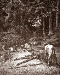 Don Quixote e Sancho Panza refrescam-nos num riacho Gravura de Gustave Dore (1832-1883) para "L