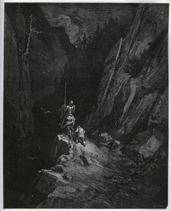 Dom Quixote e Sancho Panza afundam na Serra Morena - de "Dom Quixote de la Mancha" de Miguel Cervantes (1547-1616) (Dom Quixote) - Lenhador após desenho de Gustave Dore de Gustave Dore