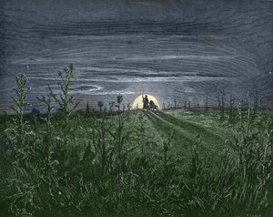 Dom Quixote e Sancho, a caminho de Toboso - de "Dom Quixote de la Mancha" de Miguel Cervantes (1547-1616) (Dom Quixote) - Lenhador após desenho de Gustave Dore (1832-1883) de Gustave Dore