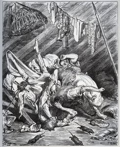 Dom Quixote e um fabricante de mulas lutando por Maritornes, o caseiro, que Dom Quixote toma por sua Dulcinéia - de "Dom Quixote de la Mancha" de Miguel Cervantes (1547-1616) (Dom Quixote) - Lenhador após desenho de Gustave Dore de Gustave Dore
