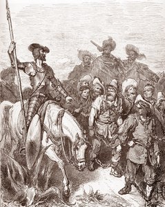 Dom Quixote e Sancho Panza interrogam os criminosos que estão a ser levados para as galeras Gravura de Gustave Dore (1832-1883) para "L