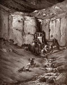 Dom Quixote e Sancho Panza vêem uma cascata e cabanas ruidosas (Dom Quixote e Sancho Panza vêem uma cascata e cabanas ruidosas) Gravação de Gustave Dore (1832-1883) para "O Ingenieux Hidalgo Dom Quixote de la Mancha (Quixotte - Quijote)" de Miguel de Cerva de Gustave Dore
