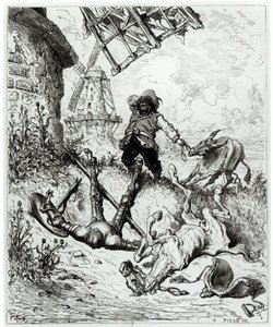 Dom Quixote e os Moinhos de Vento, de Dom Quixote de la Mancha, de Miguel Cervantes (1547-1616), gravado por Heliodore Joseph Pisan (1822-90) de Gustave Dore