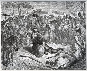 Dom Quixote espancado no meio de um grupo de mercadores - O fabricante de mulas experimentou o jogo - de “Dom Quixote de la Mancha” ”de Miguel Cervantes de Gustave Dore