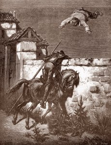 Dom Quixote não consegue parar os lançadores de Sancho Panca que o fazem saltar sobre um cobertor (as demonstrações de "Dom Quixote" não influenciam os lançadores) Gravação de Gustave Dore (1832-1883) para "L