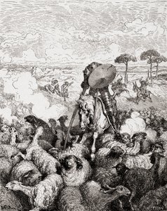Dom Quixote lutando contra o rebanho de ovelhas, de Die Gartenlaube, pub. 1905 de Gustave Dore
