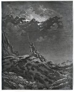 Dom Quixote vai em missão para Dorothee, acompanhado por Sancho Panza, barbeiro, Dorothee, cura e Cardenio - de "Dom Quixote de la Mancha" de Miguel Cervantes (1547-1616) (Dom Quixote) - Lenhador após desenho de Gustave Dore de Gustave Dore