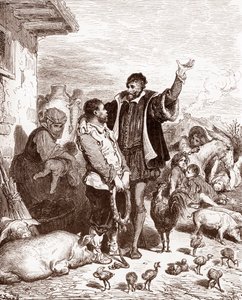 Dom Quixote convence o seu vizinho Sancho Panza a tornar-se seu escudeiro prometendo torná-lo governador de alguma ilha conquistada Gravura de Gustave Dore (1832-1883) para "L