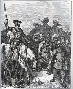 Dom Quixote questiona as forças sobre as razões de suas convicções - de "Dom Quixote de la Mancha" de Miguel Cervantes (1547-1616) (Dom Quixote) - Corte de madeira após desenho de Gustave Dore de Gustave Dore