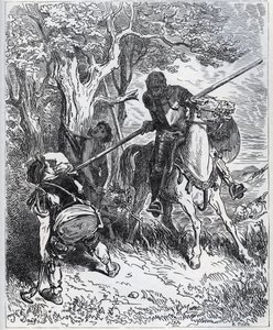 Dom Quixote toma partido pelo jovem camareiro - "Pelo sol que nos ilumina, não sei quem me impede de passar a minha lâmina pelo corpo" - de "Dom Quixote de la Mancha" de Miguel Cervantes (1547-1616) (Dom Quixote) - Lenhador após desenho de Gusta de Gustave Dore