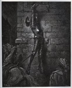 Dom Quixote, preso pela filha do estalajadeiro e pelo Maritornes, permanece suspenso de uma janela. - de "Dom Quixote de la Mancha" de Miguel Cervantes (1547-1616) (Dom Quixote) - Lenhador após desenho de Gustave Dore de Gustave Dore