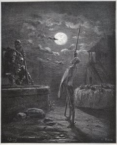 Dom Quixote zela pelos seus braços - de “Don Quixote de la Mancha” de Miguel Cervantes de Gustave Dore