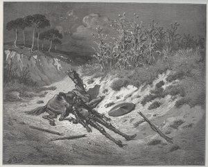 As feridas de Dom Quixote imploram misericórdia e ajuda dos personagens de sua imaginação - de "Dom Quixote de la Mancha" de Miguel Cervantes (1547-1616) (Dom Quixote) - Lenhador após desenho de Gustave Dore de Gustave Dore