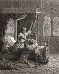 Edward I (1239-1307) da Inglaterra mata o seu assassino em junho de 1272, ilustração de "Bibliotheque des Croisades" por JF. Michaud, 1877 de Gustave Dore