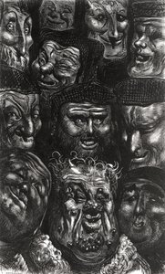 Onze rostos grotescos de "Les Contes Drolatiques" por Honore de Balzac (1799-1850) gravada por Predhomme de Gustave Dore