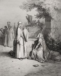 Eliezer e Rebeca, Gênesis 24: 15-21, ilustração da "Bíblia Sagrada" de Dore, gravada por Piaud, 1866 de Gustave Dore