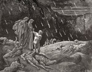 Gravura de Gustave Dore 1832-1883 Artista e ilustrador francês para o Inferno de Dante Alighieri Canto XV linhas 28 e 29 de Gustave Dore
