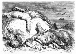 Gravura de Gustave Dore por volta de 1850: evocação de um dilúvio apocalítico que combina a tradição bíblica (vê-se ao longe a arca de Noé no mar) e o início do conhecimento científico (vários animais monstruosos falharam na montanha, pref de Gustave Dore