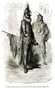 Gravura de Gustave Dore ilustrando o romance de Theophile Gautier "O Capitão Fracasse". Edição Charpentier 1863. Dois comediantes (actores da commedia dell