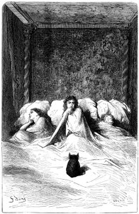 Gravura de Gustave Dore ilustrando o romance de Theophile Gautier "O Capitão Fracasse". Edição Charpentier 1863. Na residência do Barão de Sigognac, o "Chateau de la Misere", um grupo de cómicos encontrou refúgio. Três actrizes adormeceram num l de Gustave Dore