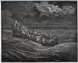 Fuga de Zoraide com o cativo no barco cheio de fugas de Argel para Espanha - de "Dom Quixote de la Mancha" de Miguel Cervantes (1547-1616) (Dom Quixote) - Corte de madeira depois de desenho de Gustave Dore de Gustave Dore