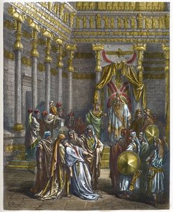 Ester desmaia perante o rei da Pérsia Assuero 1 (Xerxes 1) - A rainha Ester desmaia perante o rei Assuero - - Gravura em "A ilustração bíblica" de Gustave Dore (1832-1883) - Gravura em "A Bíblia Dore de Gustave Dore