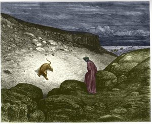 Primeira canção do Inferno, um panthere se opõe à passagem de Dante. Ilustração de Gustave Dore de Gustave Dore