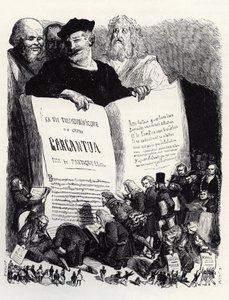 Frontispício da edição de 1854 - Na companhia de escritores antigos e modernos, Rabelais apresenta seu segundo romance - ilustração de 