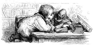 A educação de Gant Gargantua: aprende a ler com o seu preceptor. Ilustração de Gustave Dore para a obra de François Rabelais. de Gustave Dore