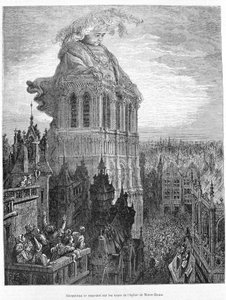 Gargântua descansando sobre as torres da Igreja de Nossa Senhora. Gravura após a obra Gargântua de François Rabelais (1483 - 1553) de Gustave Dore