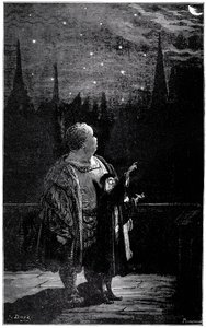 A educação de Gargântua: à noite, com um astrónomo, o jovem gigante observa astros, estrelas e cometas no céu noturno. Gravura de Gustave Dore ilustrando a obra de Rabelais. de Gustave Dore