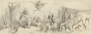 Luta entre cavaleiros e gigantes de Gustave Dore