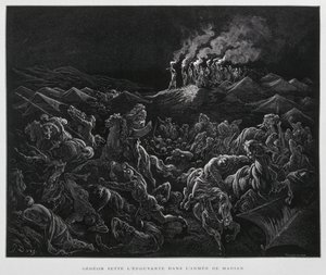 Gideão ataca os midianitas à noite, Ilustração da Bíblia de Dore de Gustave Dore