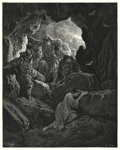 Gustave Dores Don Quixote: "É enviada uma festa com oficiais ... que encontram o pobre amante Leandra numa caverna de uma das montanhas" (gravura) de Gustave Dore