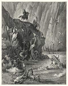 Gustave Dores Dom Quixote: "Um vasto lago de passo fervente, no qual uma infinita multidão de criaturas ferozes e terríveis está a atravessar para trás e para a frente" (gravura) de Gustave Dore