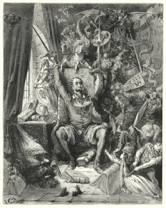 Gustave Dores Dom Quixote: "Um mundo de noções desordenadas, escolhidas de seus livros, lotado de imaginação" (gravura) de Gustave Dore