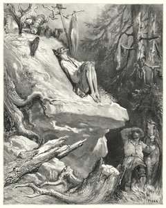 Gustave Dores Dom Quixote: "Ai de mim!" respondeu Sancho, "Encontrei-o na sua camisa, magro, pálido e quase esfomeado, suspirando pela sua Senhora Dulcineia" (gravura) de Gustave Dore