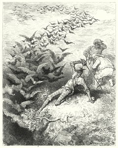 Gustave Dores Dom Quixote: "Um número infinito de corvos e madrugadas crescidos apressados e a esvoaçar para fora da caverna" (gravura) de Gustave Dore