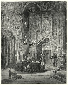 Gustave Dores Dom Quixote: "Outra donzela entra na sala, e começa a informar-lhe que castelo é esse, e como se encanta nele" (gravura) de Gustave Dore