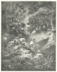 Gustave Dores Dom Quixote: "Mas reze, senhor", quoth Sancho, "é uma boa lei de cavalheirismo que diz que vaguearemos para cima e para baixo, por cima de arbustos e briares, neste deserto rochoso?" (gravura) de Gustave Dore