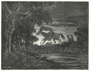 Gustave Dores Dom Quixote: "Dom Quixote, acompanhado pelo seu coração intrépido, saltou sobre Rozinante" (gravura) de Gustave Dore