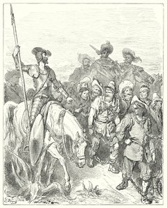 Gustave Dores Dom Quixote: "Dom Quixote perguntou ao primeiro por que crimes foi nestas circunstâncias miseráveis" (gravura) de Gustave Dore
