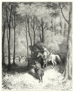 Gustave Dores Dom Quixote: "Dom Quixote desceu uma empresa, que, numa visão mais próxima, julgou ser pessoas de qualidade" (gravura) de Gustave Dore