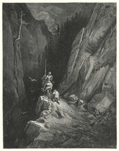 Gustave Dores Dom Quixote: "Dom Quixote foi transportado com alegria para se encontrar onde poderia lisonjear a sua ambição com a esperança de novas aventuras" (gravura) de Gustave Dore