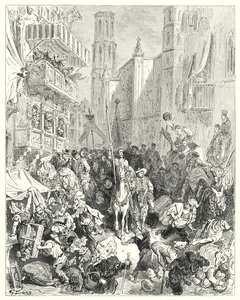 Gustave Dores Dom Quixote: "Encerrando-o no meio da sua brigada, conduziram-no em direcção à cidade" (gravura) de Gustave Dore