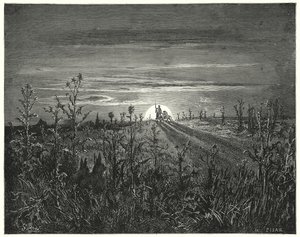 Gustave Dores Dom Quixote: "Amigo Sancho", disse Dom Quixote, "Acho que a noite que se aproxima nos ultrapassará antes que possamos chegar a Toboso" (gravura) de Gustave Dore