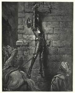Gustave Dores Dom Quixote: "Ele tinha inevitavelmente caído ao chão, se o seu pulso não tivesse sido firmemente preso à corda" (gravura) de Gustave Dore