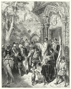Gustave Dores Dom Quixote: "Ele beijou a mão do duque e da duquesa na despedida, e recebeu a bênção do seu mestre" (gravura) de Gustave Dore