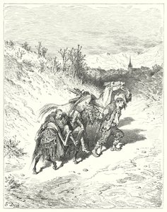 Gustave Dores Dom Quixote: "Ele conduziu-os a todos em direcção à aldeia, e caminhou a pé, muito penoso" (gravura) de Gustave Dore