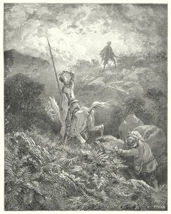 Gustave Dores Dom Quixote: "Ele espiou no topo de um penhasco pedregoso mesmo à sua frente um homem que saltou de rocha em rocha com uma agilidade maravilhosa" (gravura) de Gustave Dore